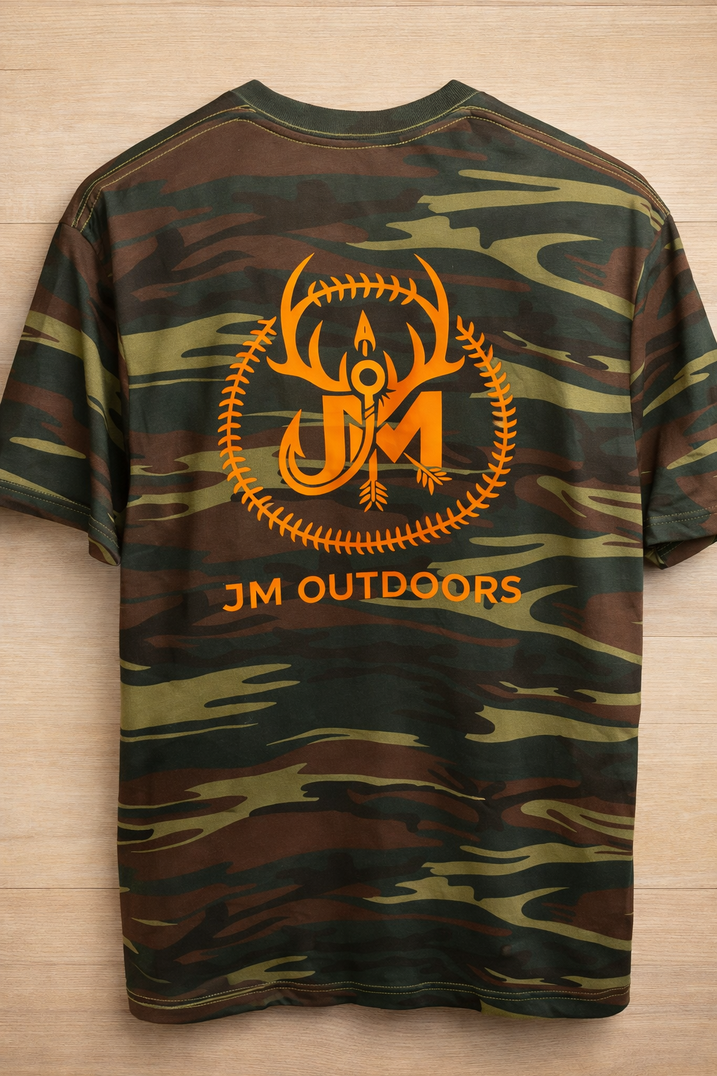 Camo T shirt with Orange JM Outdoors Logo